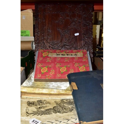 A GROUP OF ORIENTAL PRINTED EPHEMERA AND A CARVED PANEL, the...