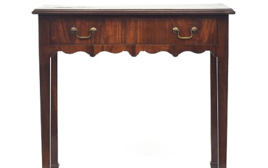 A George III mahogany side table, oval inlaid top, single fr...