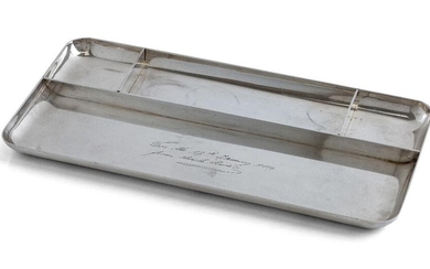 A German 20th century pen tray, stamped 925, by Goldemann, Hamburg, of rectangular form with three divisions, the presentation engraving to base dated 1954, 12.3 x 25.2cm, approx. weight 17.2oz Provenance: Works of Art from the Schroder Collection.