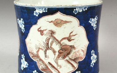 A LARGE CHINESE BLUE AND IRON RED BRUSH POT, decorated