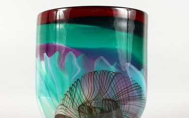 A LARGE CIRCULAR GLASS BOWL, with splash decoration