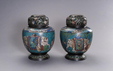 A LARGE PAIR OF CLOISONNE VASES AND COVERS