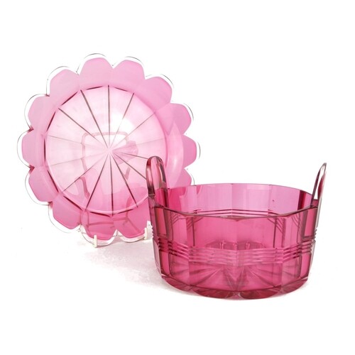 A LARGE RUBY GLASS BASKET AND CHARGER/PLATE Twin handled fac...