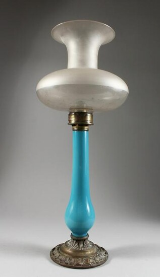 A LATE 19TH CENTURY OPAQUE BLUE GLASS AND BRASS LAMP