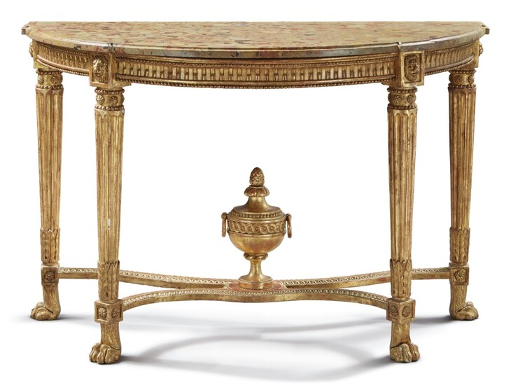 A LOUIS XVI CARVED AND GILTWOOD CONSOLE TABLE WITH A BRÈCHE D'ALEP MARBLE TOP, LATE 18TH CENTURY
