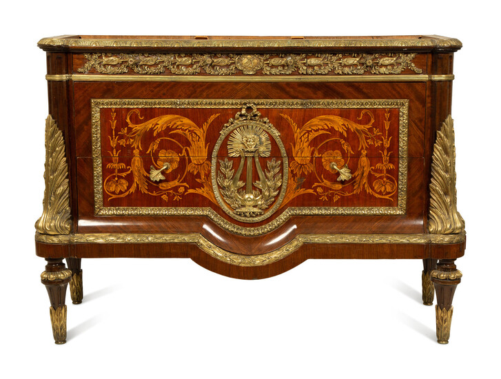 A Louis XVI Style Marquetry Silvered Metal Mounted Commode