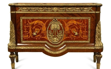 A Louis XVI Style Marquetry Silvered Metal Mounted