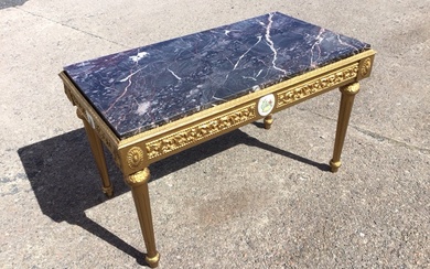 A Louis XVI style giltwood table with Rosso Levanto marble...