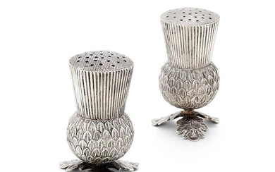 A MATCHED PAIR OF WILLIAM IV SILVER NOVELTY THISTLE PEPPERETTES BY JOSEPH WILLMORE