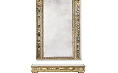 A NORTH ITALIAN POLYCHROME-DECORATED, CREAM-PAINTED AND PARCEL-GILT MIRROR AND A...