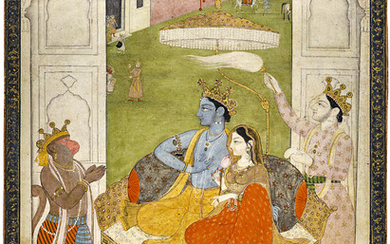 A PAINTING OF RAMA AND SITA ENTHRONED WITH LAKSHMANA AND HANUMAN INDIA, PUNJAB HILLS, GULER, CIRCA 1800