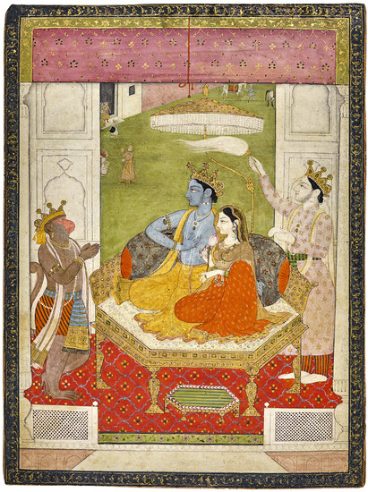 A PAINTING OF RAMA AND SITA ENTHRONED WITH LAKSHMANA AND HANUMAN INDIA, PUNJAB HILLS, GULER, CIRCA 1800
