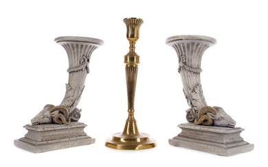 A PAIR OF 20TH CENTURY SIMULATED STONE CANDLESTICKS AND A BRASS CANDLESTICK