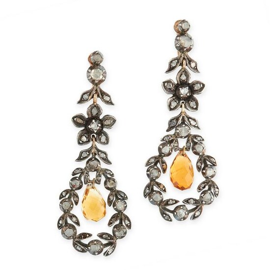 A PAIR OF ANTIQUE CITRINE AND DIAMOND EARRINGS in