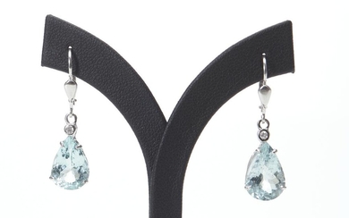 A PAIR OF AQUAMARINE AND DIAMOND DROP EARRINGS IN 18CT WHITE GOLD, THE PEAR CUT AQUAMARINE TOTALLING 7.24CTS, AND DIAMONDS TOTALLING...