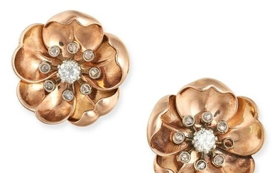 A PAIR OF DIAMOND FLOWER EARRINGS, 1940S in 14ct yellow gold, each designed as a flower set with an