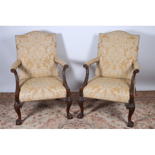 A PAIR OF GAINSBOROUGH STYLE CARVED MAHOGANY ELBOW CHAIRS ea...