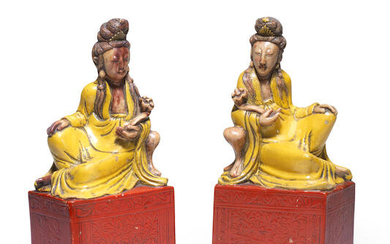 A PAIR OF PAINTED SOAPSTONE FIGURES OF GUANYIN