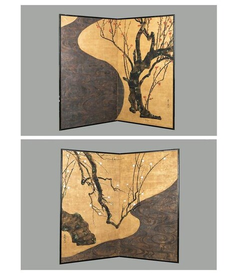 A PAIR OF TWO-PANEL BYOBU FOLDING SCREENS AFTER OGATA