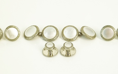 A PAIR OF VINTAGE STERLING SILVER AND MOTHER-OF-PEARL CUFFLINKS AND SHIRT STUDS
