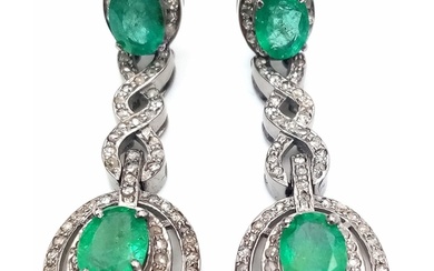 A Pair of Art Deco Style 6ct Emerald and Diamond Drop Earrin...