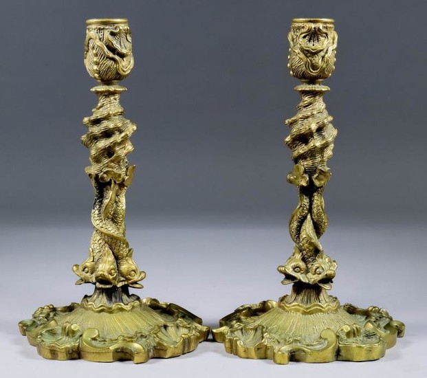 A Pair of Continental Cast Brass Pillar Candlesticks of...