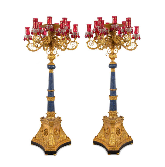 A Pair of Monumental Empire Style Gilt Bronze and Lapis Lazuli Torchères