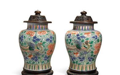 A Pair of Wucai 'bird and flower' jars