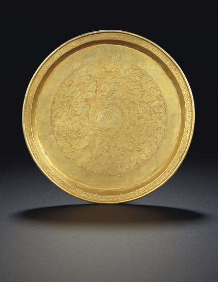 A RARE AND FINELY DECORATED GOLD 'PEONY' DISH, YUAN DYNASTY (1279-1368)
