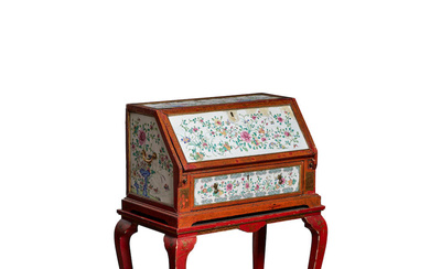 A RARE GUANGZHOU (CANTON) ENAMEL-INSET PAINTED RED LACQUER SLOPING BUREAU...