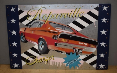 A RETRO ROPAR HAND PAINTED ORANGE CHARGER GTS ON METAL SHEET (80H x 123W CM) (LEONARD JOEL DELIVERY SIZE: LARGE)