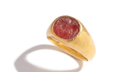 A Roman Gold and Carnelian Finger Ring with the Flying Horse Pegasus