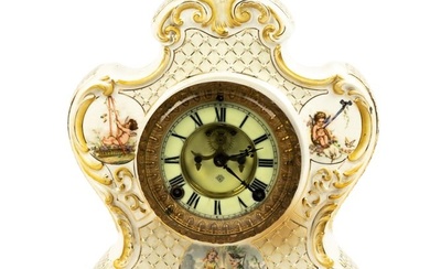 A Royal Bonn ceramic mantel clock with Ansonia movement
