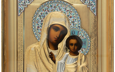 A Russian Icon of the Kazanskaya Mother of God in a Silver Gilt and Cloisonné Enamel Oklad