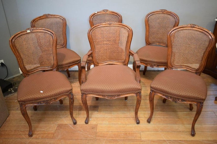 A SET OF SIX FRENCH STYLE RATTAN BACK DINING CHAIRS INCLUDING ONE CARVER (A/F STAINING TO FABRIC)