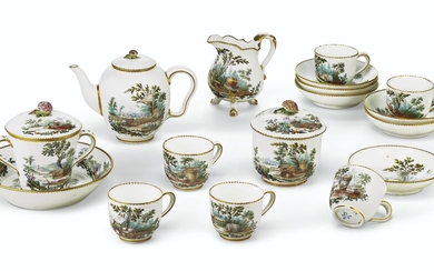 A SEVRES PORCELAIN PART TEA SERVICE, CIRCA 1770-80, BLUE INTERLACED L'S MARKS TO MOST, ONE PIECE WITH A Y MARK, EITHER FOR THE DATE 1776 OR FOR THE PAINTER E.-F. BOUILLAT, VARIOUS INCISED MARKS