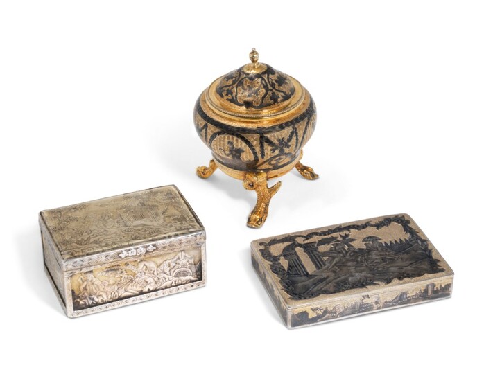 A SILVER-GILT AND NIELLO SALT CELLAR AND TWO SNUFF BOXES, THE SALT CELLAR, MAKER'S MARK CYRILLIC 'V.A', MOSCOW, 1792; ONE SNUFF BOX, MARK OF VASILY POPOV, MOSCOW, FIRST HALF 19TH CENTURY; THE OTHER SNUFF BOX, PROBABLY RUSSIA, 19TH CENTURY