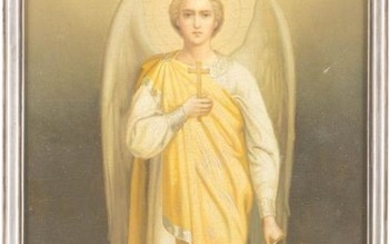 A SMALL SIGNED ICON SHOWING THE GUARDIAN ANGEL WITH A