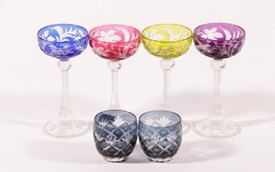 A Set of 4 Coloured Hock Glasses Together with A Pair of Smaller Examples