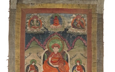 A Tibetan thangka with a learned master seated on a throne. 19th century. Image 55×38 cm.