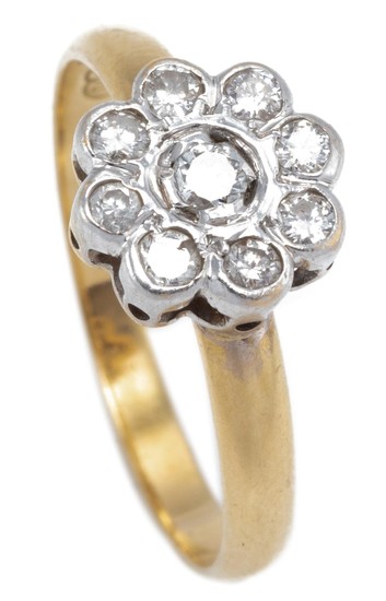 A VINTAGE 18CT GOLD DAISY CLUSTER DIAMOND RING; rhodium plated cluster set with 9 round brilliant cut diamonds totalling approx. 0.2...