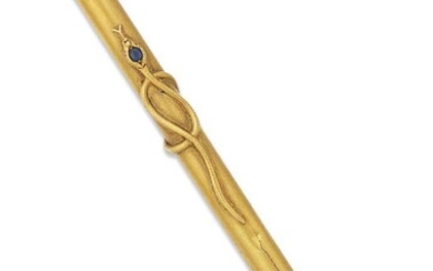 A Victorian gold and sapphire pencil, the cylindrical barrel with applied serpent with faceted sapphire head, stamped 18, c.1900, length