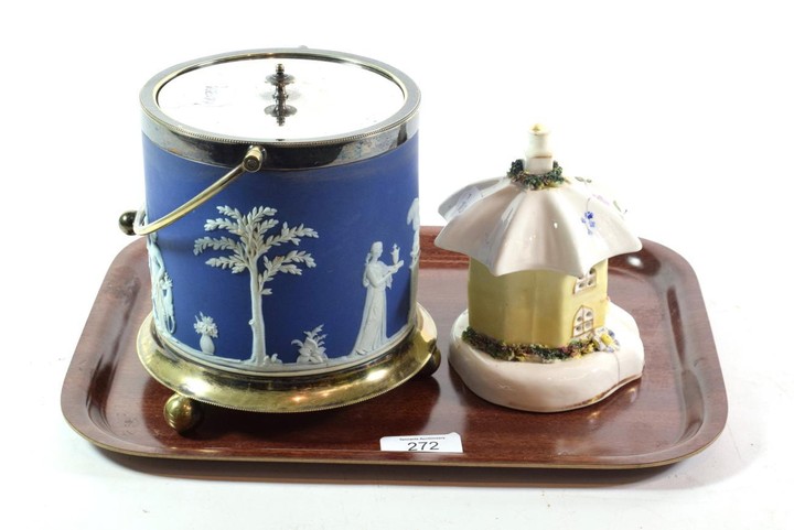 A Wedgwood Jasperware biscuit barrel with plated mounts and cover;...