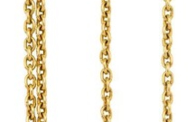A belcher link long chain necklace, of curb-link design, stamped 18K, length 144cm, approximate gross weight 44g