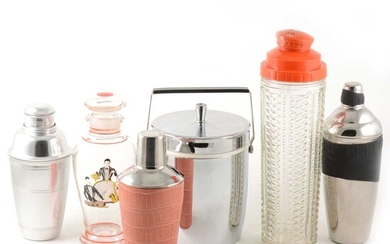 A collection of cocktail shakers and related items.