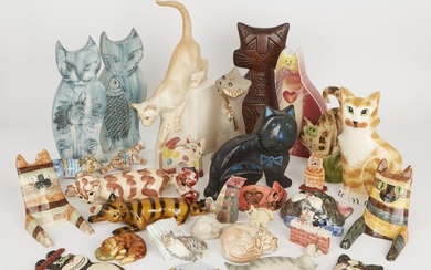 A collection of pottery cats, to include; a porcelain Royal Worcester Flat Mates 'Topsy' cat, a hand-painted stoneware cat coaster marked Beth for Whittard, two cat bookstands, and others, tallest 37cm high (lot)