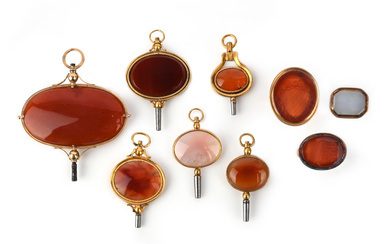 A collection of three hardstone fob seals, and six carnelian watch keys; late 18th/early 19th