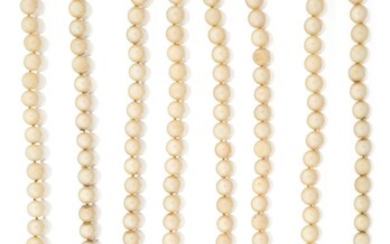 A cultured pearl necklace and a lady's wristwatch by Baume & Mercier, the necklace in the form of a long uniform row with clip design divisions for alternative wear as more than one necklace, approximate diameter of cultured pearl s7mm, length 166;...