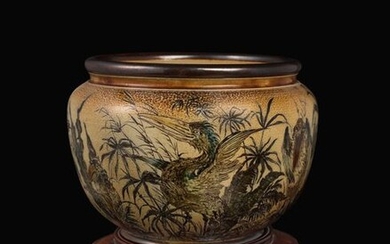 A fine Martin Brothers stoneware Bird jardiniere by Edwin and Walter Martin, dated 1892, incised with seven grotesque birds, one catching a snake in its beak, glazed in shades of green, brown and ochre on a buff ground incised 10-1892 Martin Bros...
