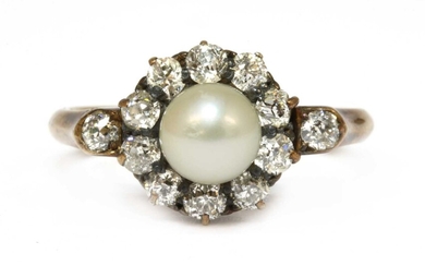 A gold cultured pearl and diamond cluster ring